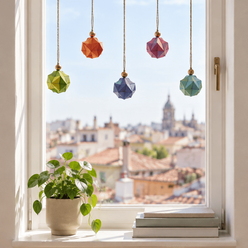 Esferas de origami de colores colgadas en una ventana con vistas a los tejados de la ciudad