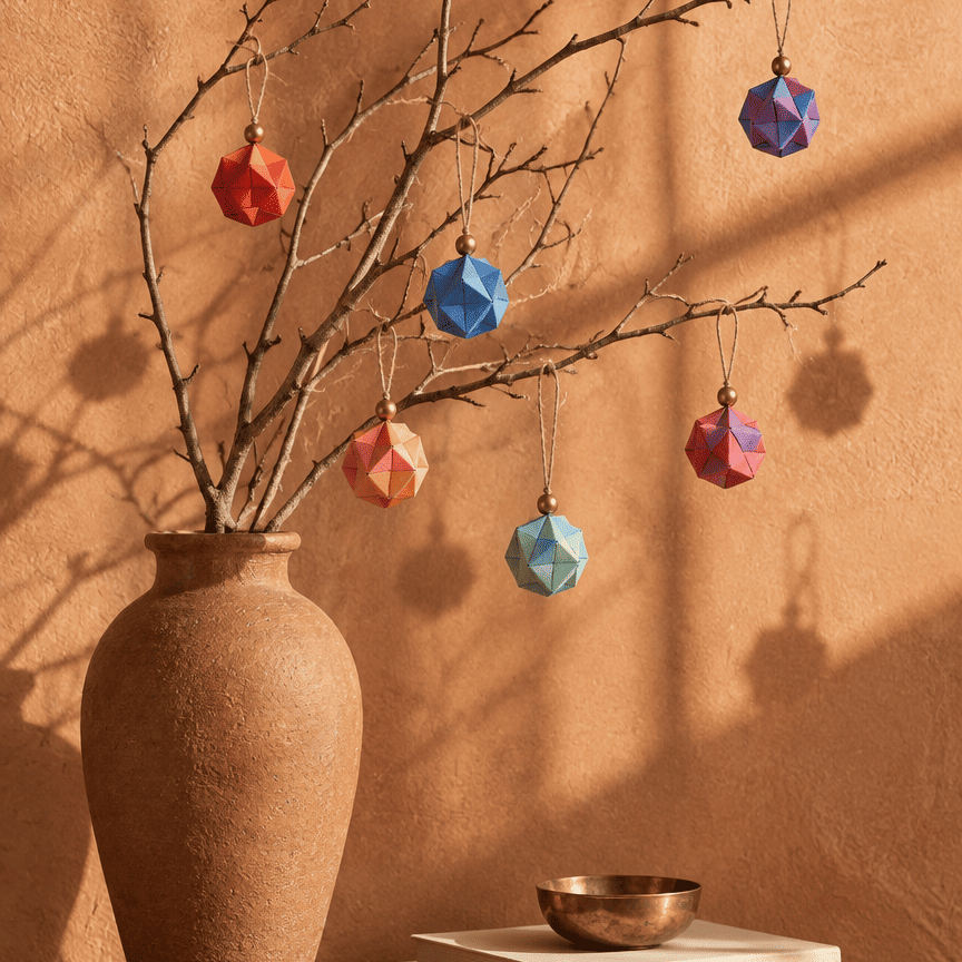 Esferas de origami de colores colgadas de ramas secas en un jarrón de barro, sobre una pared terracota