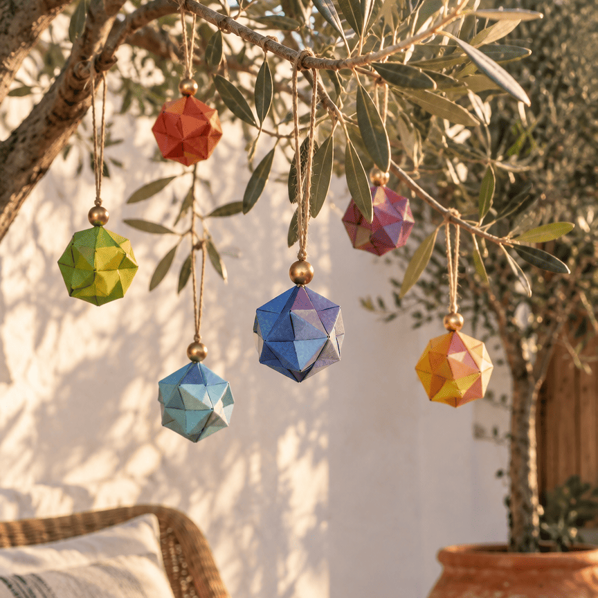 Esferas de origami de colores colgadas de un olivo al aire libre