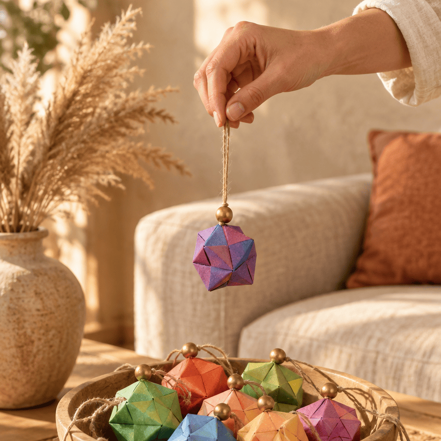 Mano colgando una esfera de origami morada sobre una cesta de esferas de colores, en un salón con sofá