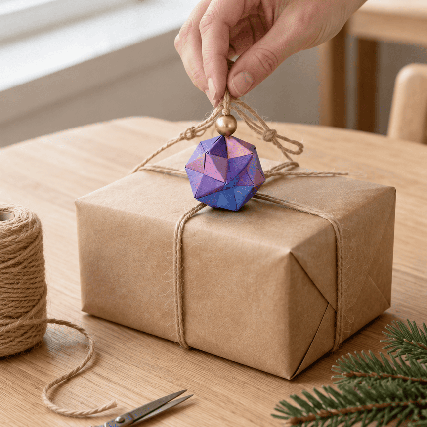Mano atando una esfera de origami morada a un regalo envuelto en papel kraft con cordel