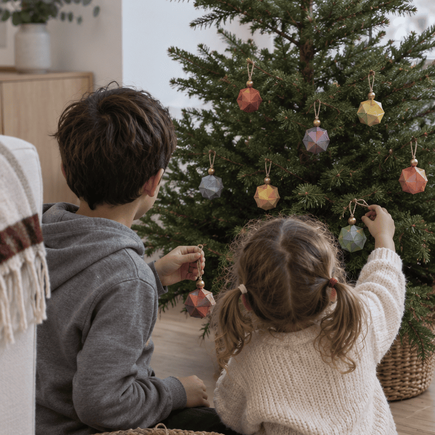 Dos niños decorando un árbol de Navidad con esferas de origami de colores