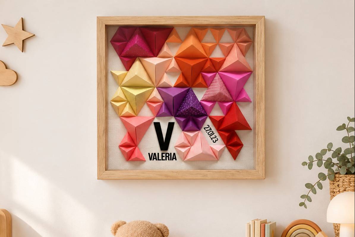 Cuadro Génesis personalizado con la inicial V y el nombre Valeria, en pirámides de origami rojas, rosas y naranjas, en una habitación infantil